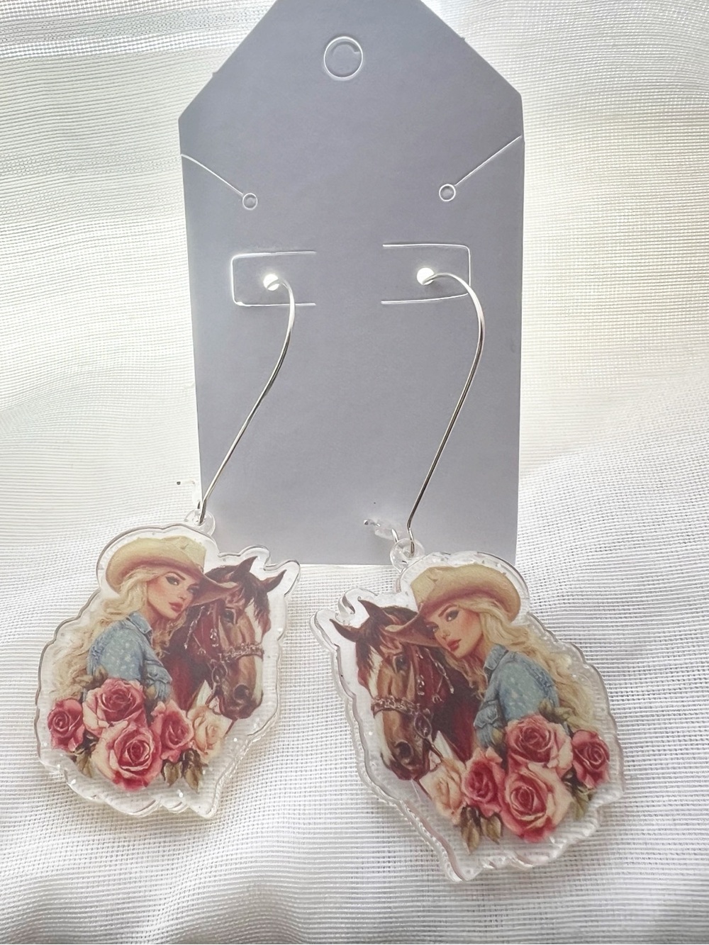 Cowgirl & Horse Rose Statement Earrings Retro Country Western Boho - New